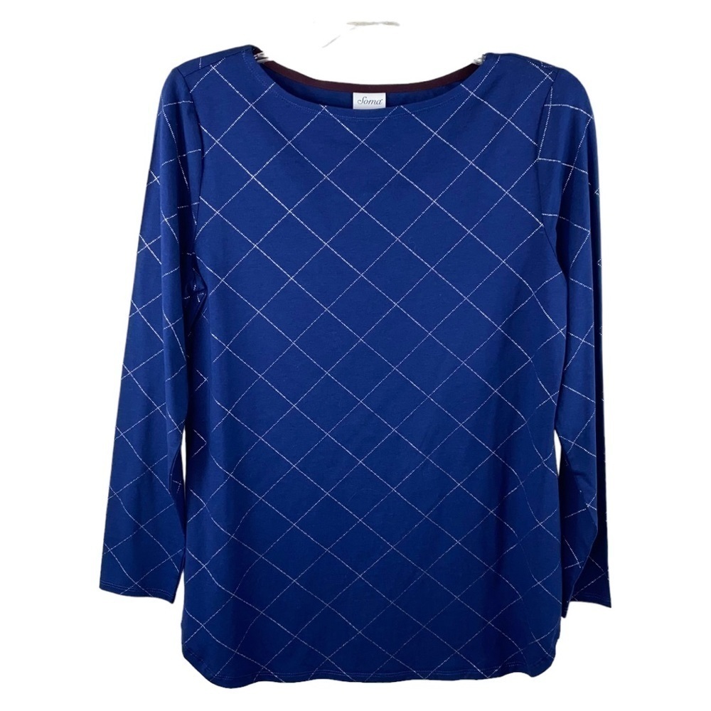 Soma Essential Long Sleeve Navy Blue‎ with Silver Diamond Pattern Tee S NWT